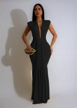 Black Deep V Neck Sexy Pleated Elegant Bodycon Formal Maxi Dress