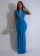 Blue Deep V Neck Sexy Pleated Elegant Bodycon Formal Maxi Dress