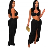 Black Sexy Halter Low Cut Crop Tops Pleated Two Pieces Skirt Dress