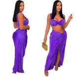 Purple Sexy Halter Low Cut Crop Tops Pleated Two Pieces Skirt Dress