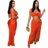 Orange Sexy Halter Low Cut Crop Tops Pleated Two Pieces Skirt Dress