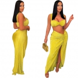 Yellow Sexy Halter Low Cut Crop Tops Pleated Two Pieces Skirt Dress