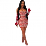 Red Straps Low Cut Crystal Bodycon Evening Party Mini Dress
