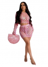 Pink Sequins Knitting Long Sleeve Hollow Crop Top Pleated Skirt Dress
