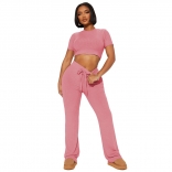Pink Striped Short Sleeve Crop Tops Two Piece Slim Casual Pant Sets