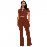 Brown Thread Short Sleeve V Neck Crop Tops Two Pieces Slim Pant Sets Dress