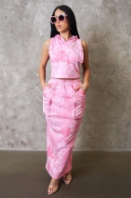 Pink Sleeveless Printed Loose Vest Pocket Women Skirt Sets Dress