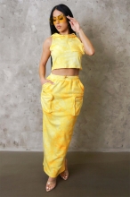 Yellow Sleeveless Printed Loose Vest Pocket Women Skirt Sets Dress