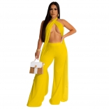 Yellow Backless Halter Two Pieces Wide Leg Fashion Jumpsuit Dress