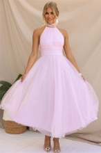 Pink Halter Sleeveless Mesh Fashion Vacation Casual Long Skirt Dress
