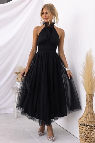 Black Halter Sleeveless Mesh Fashion Vacation Casual Long Skirt Dress