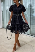 Black Short Sleeve Lace Embroidery Button Fashion Skirt Dress with Belt