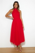 Red Halter Sleeveless Mesh Fashion Vacation Casual Long Skirt Dress
