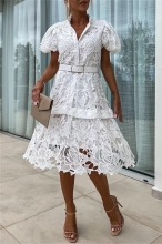 White Short Sleeve Lace Embroidery Button Fashion Skirt Dress with Belt