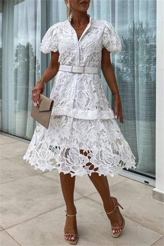 White Short Sleeve Lace Embroidery Button Fashion Skirt Dress with Belt