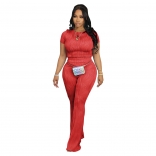 Red Short Sleeve Two Pieces Women Casual Streewear Striped Pant Sets
