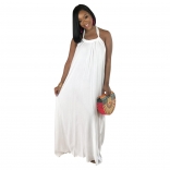 White Halter Backless Fashion Loose Pleated Skirt Long Dress