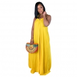 Yellow Halter Backless Fashion Loose Pleated Skirt Long Dress