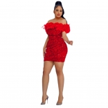 Red Feather Off Shoulder Sequins Pleated Women Sexy Club Mini Dress