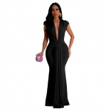 Black Evening Sleeveless Deep V-Neck Pleated Prom Women Long Dress