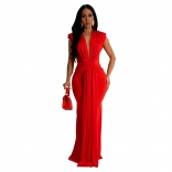 Red Evening Sleeveless Deep V-Neck Pleated Prom Women Long Dress