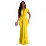 Yellow Evening Sleeveless Deep V-Neck Pleated Prom Women Long Dress