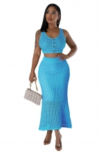 Blue Sleeveless Knitting Hollow Out Two Pieces Fashion Midi Dress