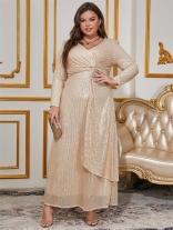 Gold Long Sleeve Sequins Plus Size Women Maxi Dress