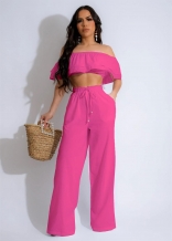 Rose Red Off Shoulder Ruffles Crop Top Pleated Women Two Pieces Pant Set