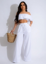 White Off Shoulder Ruffles Crop Top Pleated Women Two Pieces Pant Set