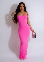 Rose Red Low Cut Bodycon Solid Straps Women Midi Formal Dress