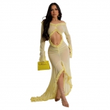 Yellow Mesh Long Sleeve Sexy See Through Hollow Out Ruffles Party Long Dress