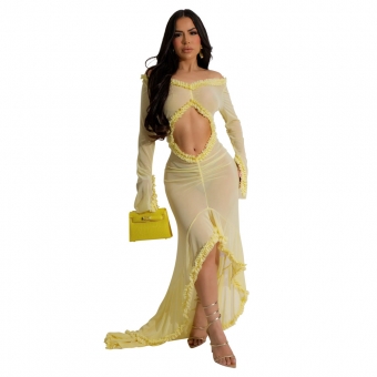 Yellow Mesh Long Sleeve Sexy See Through Hollow Out Ruffles Party Long Dress