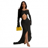 Black Mesh Long Sleeve Sexy See Through Hollow Out Ruffles Party Long Dress