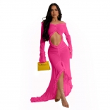 RoseRed Mesh Long Sleeve Sexy See Through Hollow Out Ruffles Party Long Dress