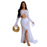 White Mesh Long Sleeve Sexy See Through Hollow Out Ruffles Party Long Dress