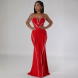 Red Halter V Neck Rhinestone Mesh See Through Elegant Formal Maxi Dress