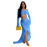 Blue Mesh Long Sleeve Sexy See Through Hollow Out Ruffles Party Long Dress