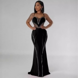 Black Halter V Neck Rhinestone Mesh See Through Elegant Formal Maxi Dress
