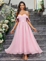 Pink Sleeveless Low Cut Halter Women Mesh Chiffon Cute Maxi Skirt Dress