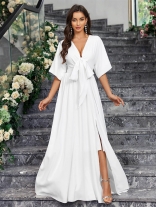 White Short Sleeve Deep V Neck Fashion Belt Fashion Maxi Dress