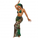 Green Sexy Two Peices Printed Mesh Sexy Party Skirt Sets