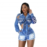 Blue Long Sleeve Printed Two Pieces Women Party Short Sets
