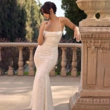 White Halter Low Cut Lace Elegant Women Pleated Prom Maxi Dress