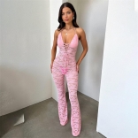 Pink Halter Lace V Neck Hollow Out Sexy Women Romper Jumpsuits