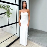 White Off Shoulder Sleeveless Pleated Back Lace Up Evening Elegant Maxi Dress