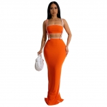 Orange Sleeveless Crop Top Pleated Women Halter Midi Party Dress