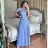 Blue Short Sleeve U Neck Printed Women Pleated Casual Vacation Floral Maxi Dress