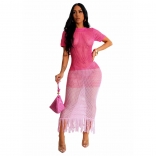 Pink Sexy Knitted Tassel Beach Summer Short Sleeve Party Long Dress