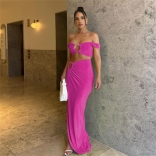 Rose Red Two Pieces Strapless Crop Top Pleated Slit Sexy Party Maxi Dress